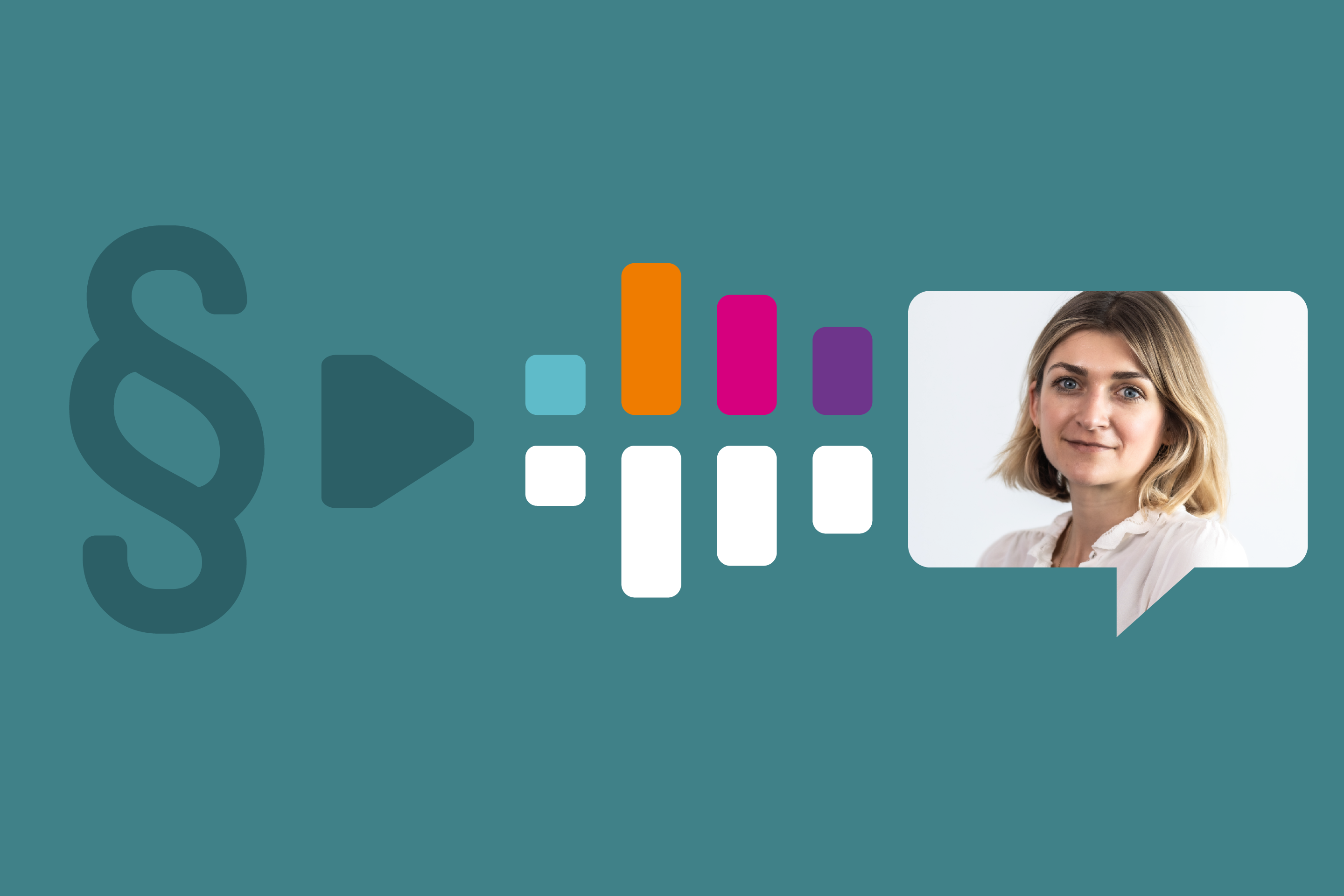 Bild von Amélie Sutterer-Kipping in einer Sprechblase vor türkisem Hintergrund und links daneben ein Paragraphenzeichen und farbige Säulen als Zeichen für Audio.