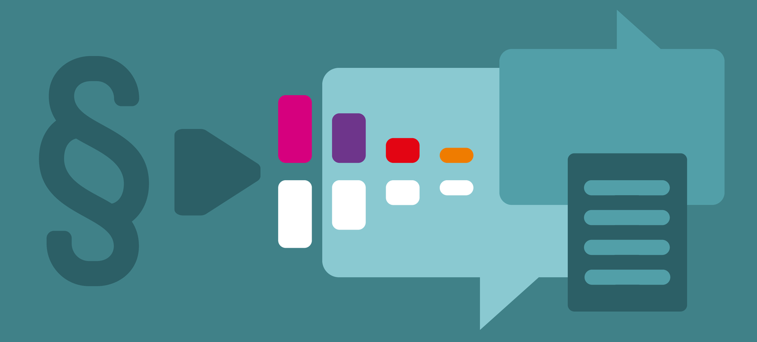 Petrol Farbener Hintergrund mit Zeichen wie Pagraphen, Dokument, Sprechblasen und Playbutton